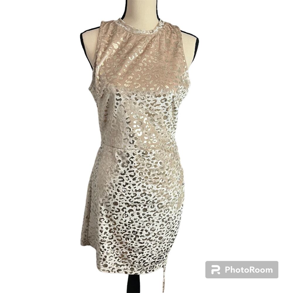 K TOO NEW Wmns Gold Velvet Metallic Cheetah Print Bodycon Dress Sz L Date Night